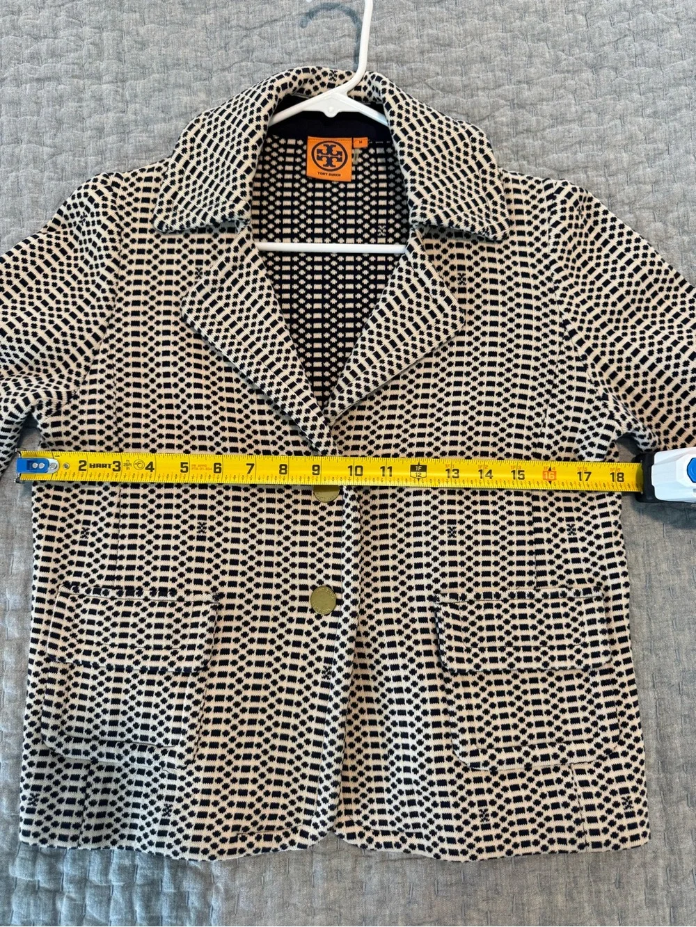 Tory Burch Navy and Cream Geometric Knit Jacket with Logo Tag